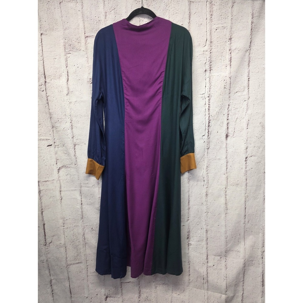 Tomcsanyi Maxi Purple Green Blue Stripe Colorblock Long Sleeve Dress Sz M NWT